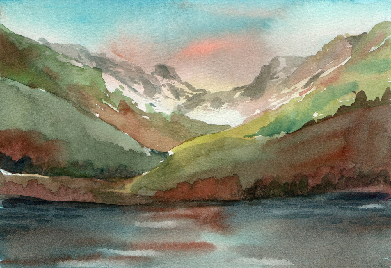 a watercolor painting of a mountain range